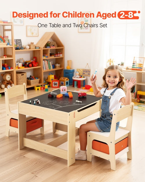 Kids Table and 2 Chairs Set, Toddler Table and Chair Set with Storage