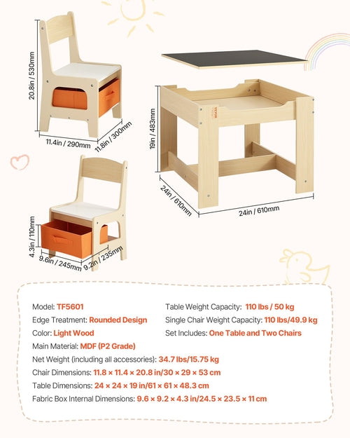 Kids Table and 2 Chairs Set, Toddler Table and Chair Set with Storage