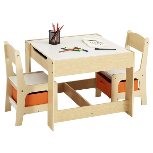 Kids Table and 2 Chairs Set, Toddler Table and Chair Set with Storage