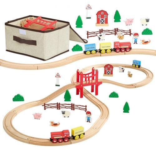 Wooden Train Set, 39PCS, Wood Train Track with Magnetic Trains and