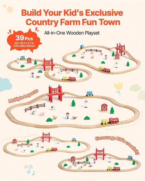 Wooden Train Set, 39PCS, Wood Train Track with Magnetic Trains and