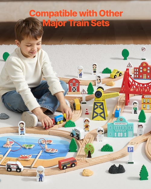 Wooden Train Set, 39PCS, Wood Train Track with Magnetic Trains and