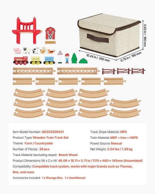 Wooden Train Set, 39PCS, Wood Train Track with Magnetic Trains and