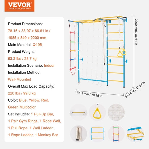 Indoor Jungle Gym for Toddlers, 7-in-1 Climbing Playset with Carbon