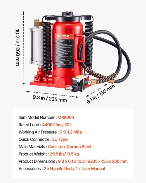 Air Hydraulic Bottle Jack, 20 Ton Load Capacity, 260-495 mm Lifting