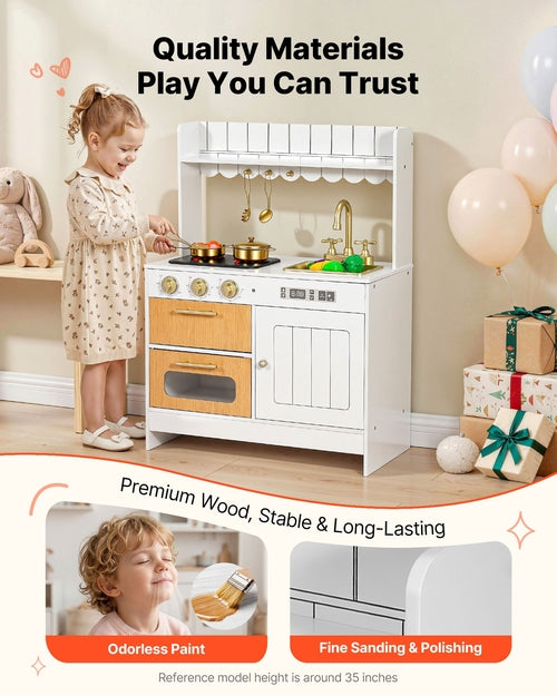 Play Kitchen for Kids, Wooden, Kids Kitchen Playset with Real Lights &