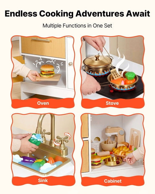Play Kitchen for Kids, Wooden, Kids Kitchen Playset with Real Lights &