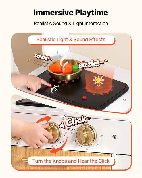 Play Kitchen for Kids, Wooden, Kids Kitchen Playset with Real Lights &