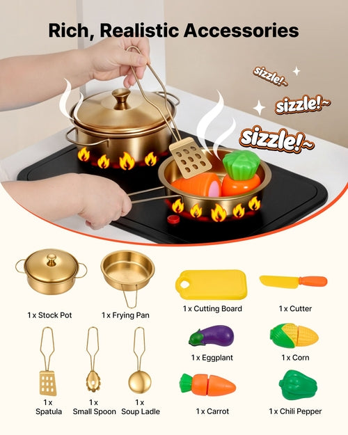 Play Kitchen for Kids, Wooden, Kids Kitchen Playset with Real Lights &
