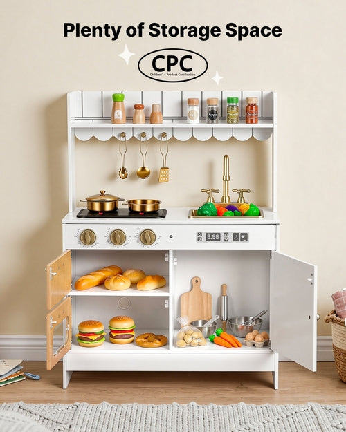 Play Kitchen for Kids, Wooden, Kids Kitchen Playset with Real Lights &