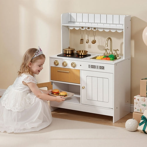 Play Kitchen for Kids, Wooden, Kids Kitchen Playset with Real Lights &